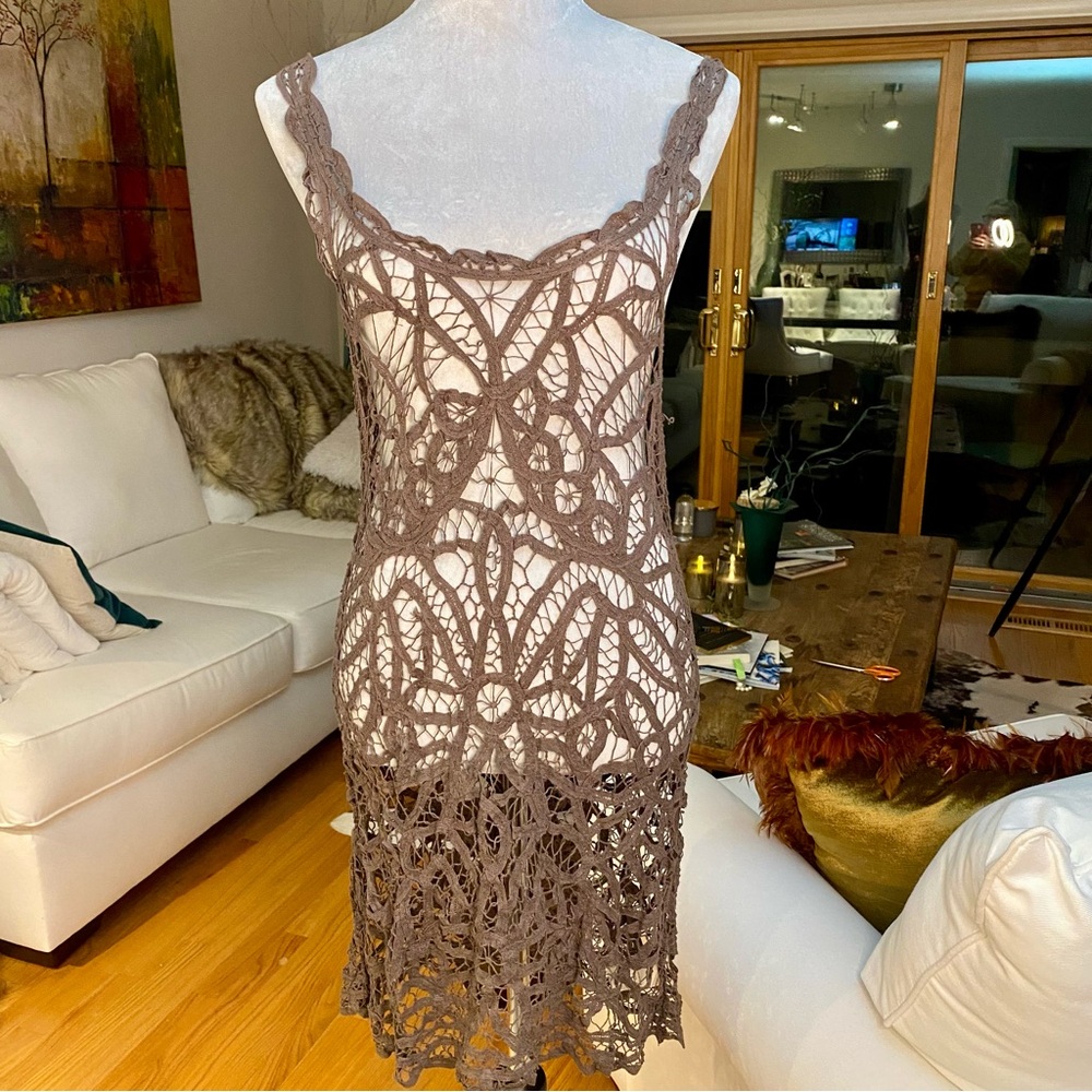 FREE PEOPLE…Cool Boho Brown Crochet / Spider weave Dress—